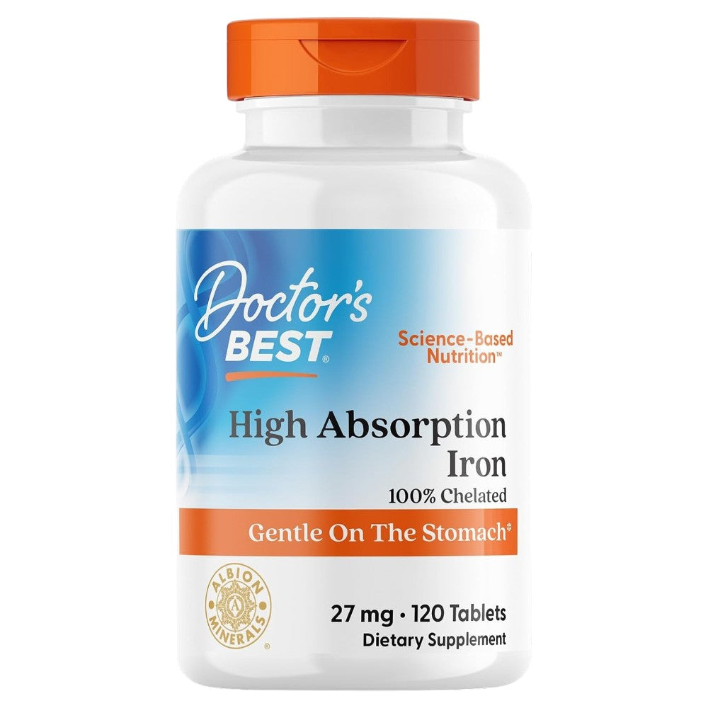 Doctor's Best High Absorption Chelated Iron, bottle packaging, unflavoured, 27mg, 120 tablets