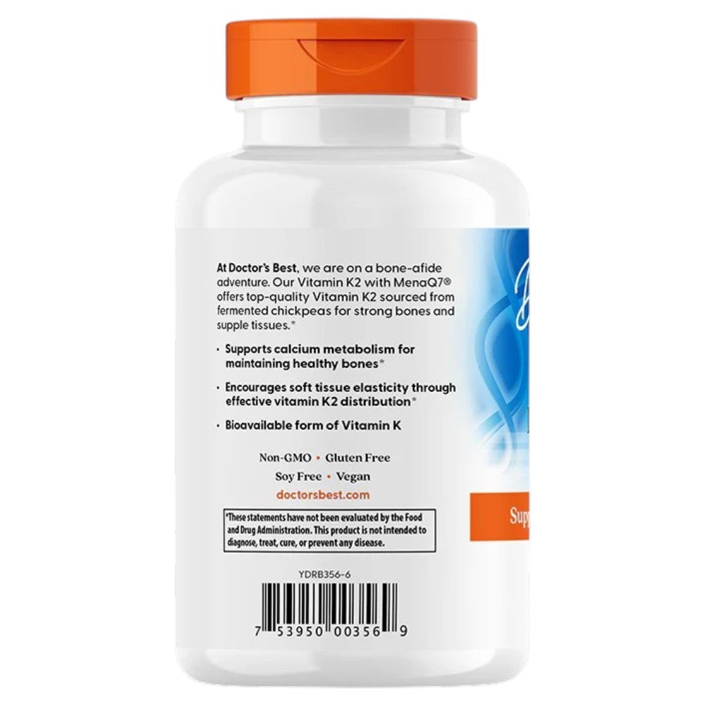 Doctor's Best Natural Vitamin K2 MK-7 with MenaQ7, bottle packaging, unflavoured, 45mcg, 180 veggie capsules, barcode