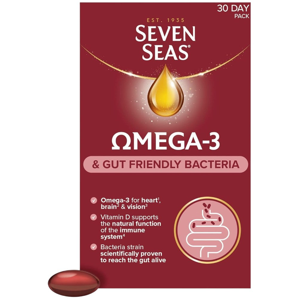 Seven Seas Omega-3 and Gut Friendly Bacteria no flavour capsules 30 count front packaging
