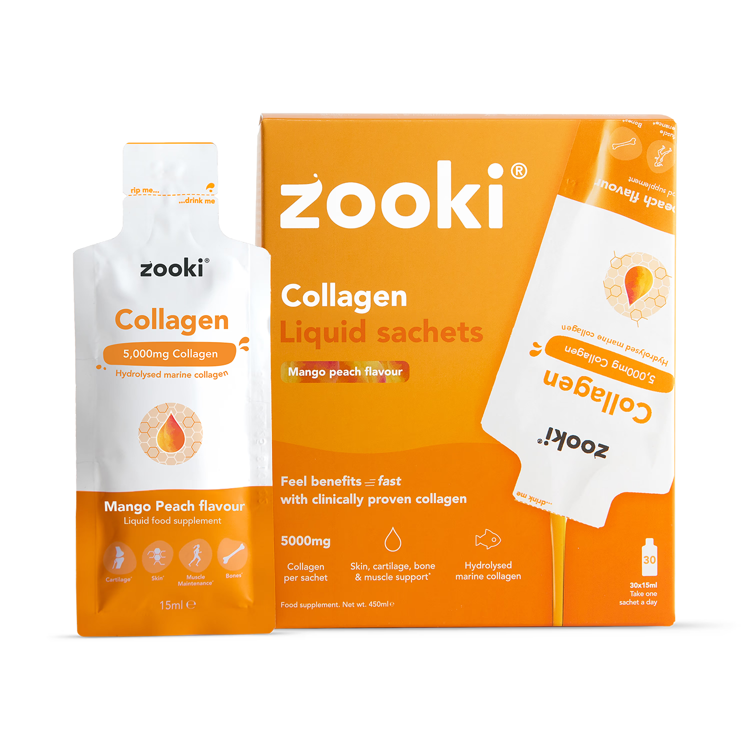 Zooki Marine Collagen 5000mg Mango Peach liquid sachets 30 x 15ml retail box