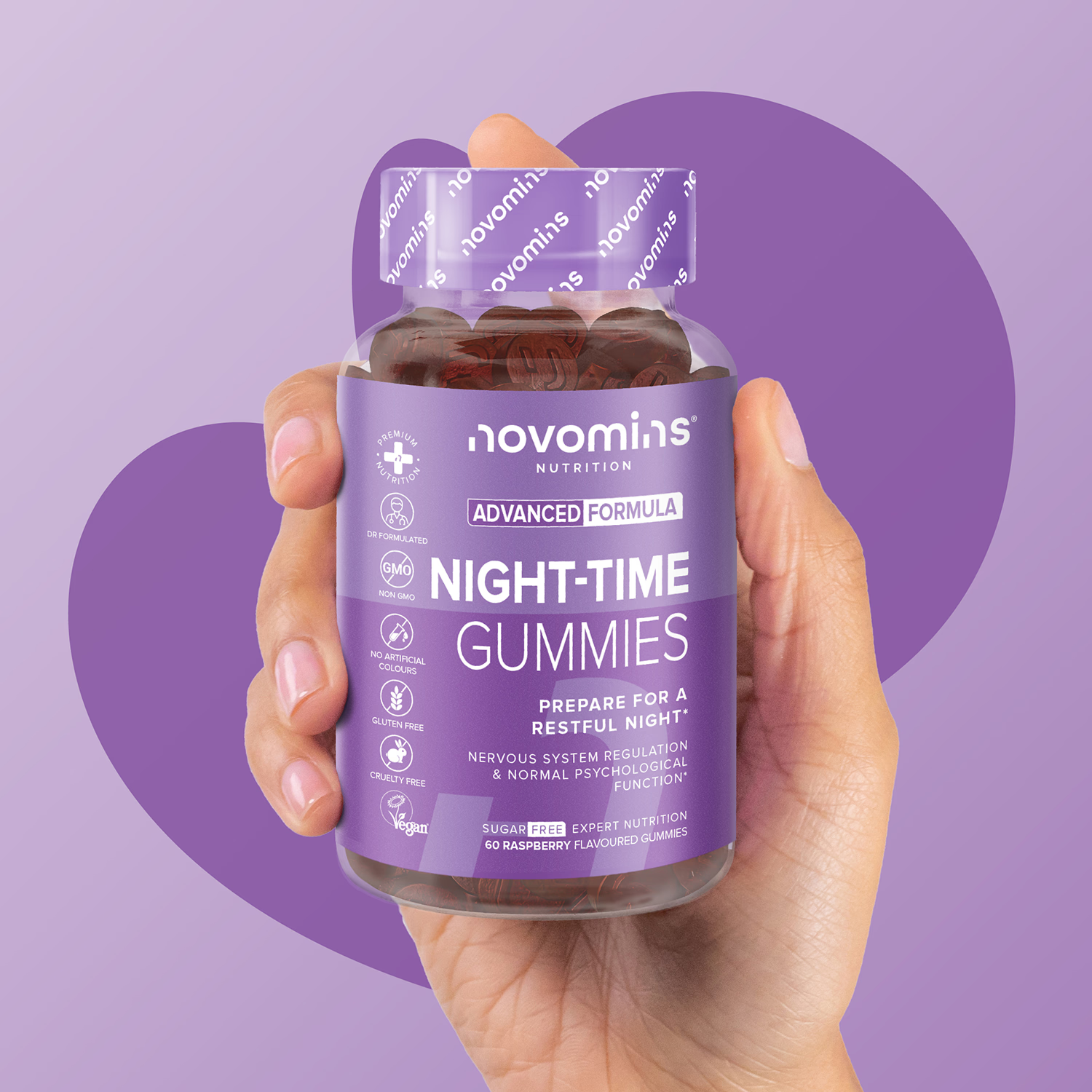 Novomins Night Time Gummies Sugar Free Raspberry 60 Count natural raspberry flavour 2 per day gummies