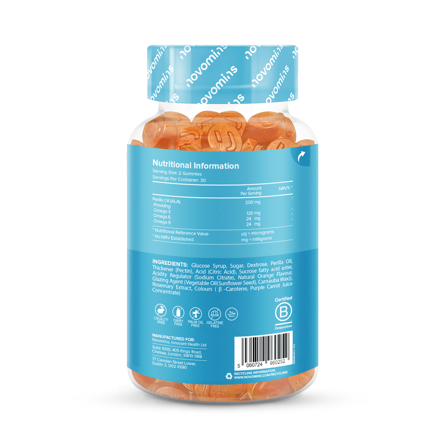Novomins Vegan Omega 3 6 9 Gummies Orange 60 Count ingredients nutritional label with barcode