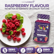 NKD Living Kids Night-Time Gummies Raspberry flavoured gummy pouch 60 gummies supplement facts and ingredients