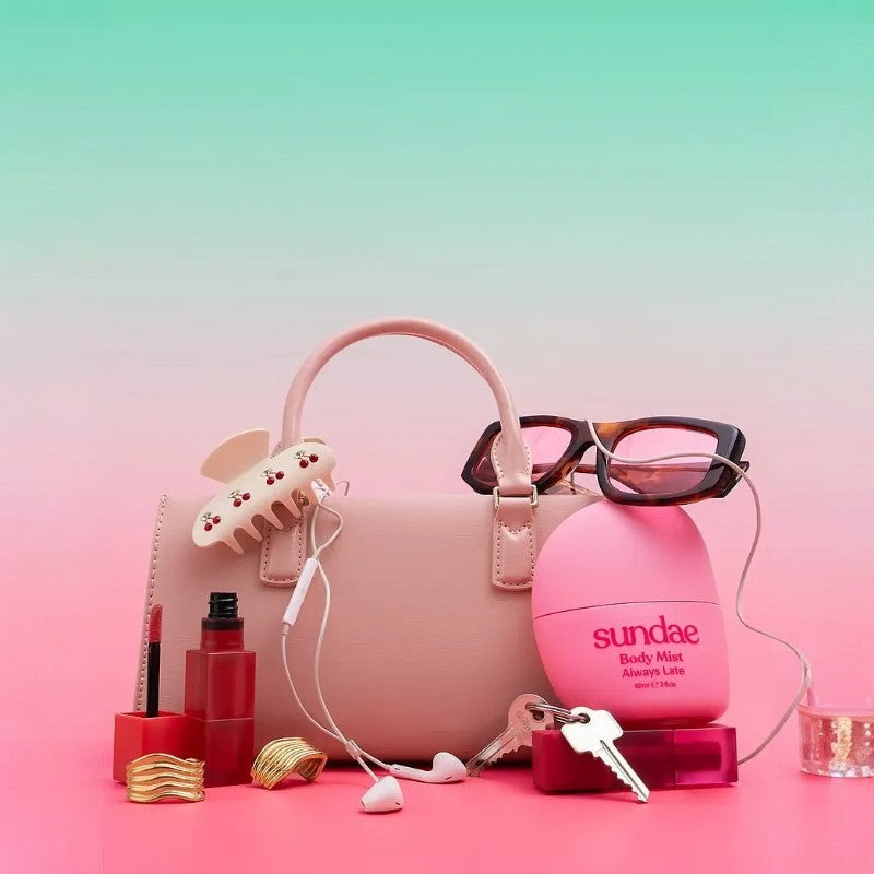 Lifestyle/use image: Sundae Body Mist Always Late daily fragrance use spray bottle woody fragrance 90ml