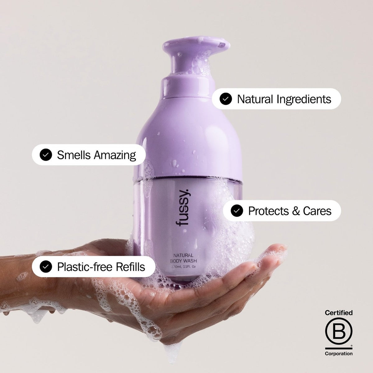Fussy Refillable Natural Body Wash Lavender Fields lavender geranium vetiver fragrance 320ml bottle and refill how to use