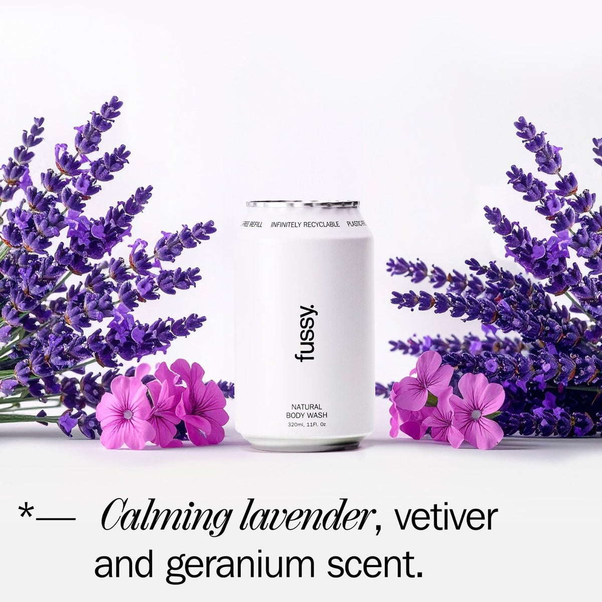 Fussy Refillable Natural Body Wash Lavender Fields lavender geranium vetiver fragrance 320ml bottle and refill ingredients