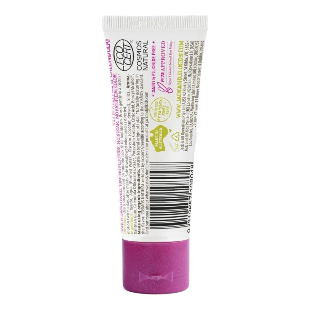 Jack N' Jill Natural Certified Toothpaste Berries & Cream, toothpaste tube packaging, berries and cream flavour, 50g, ingredients information & barcode