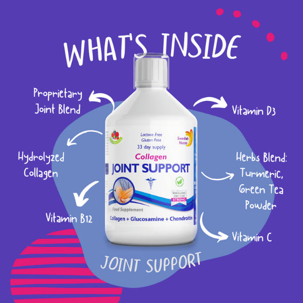 Lifestyle/use image: Swedish Nutra Collagen Joint Biotics berry flavour daily use 500ml