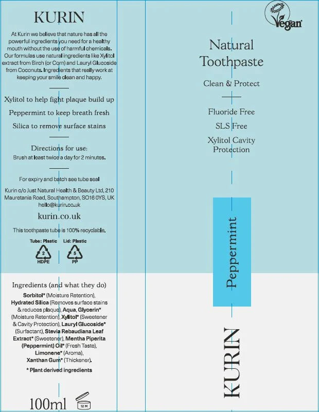 Kurin Fluoride Free Natural Peppermint Toothpaste 100ml ingredients and how to use