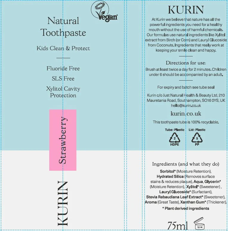 Kurin Fluoride Free Natural Kids Strawberry Toothpaste 75ml ingredients and how to use