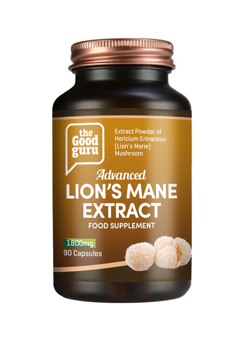 The Good Guru Lion's Mane Mushroom Extract bottle, 90 capsules, on white background.