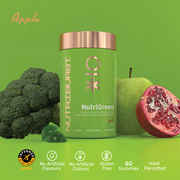 Nutriburst NutriGreens Gummies bottle, apple flavour, 60 count superfood supplement.