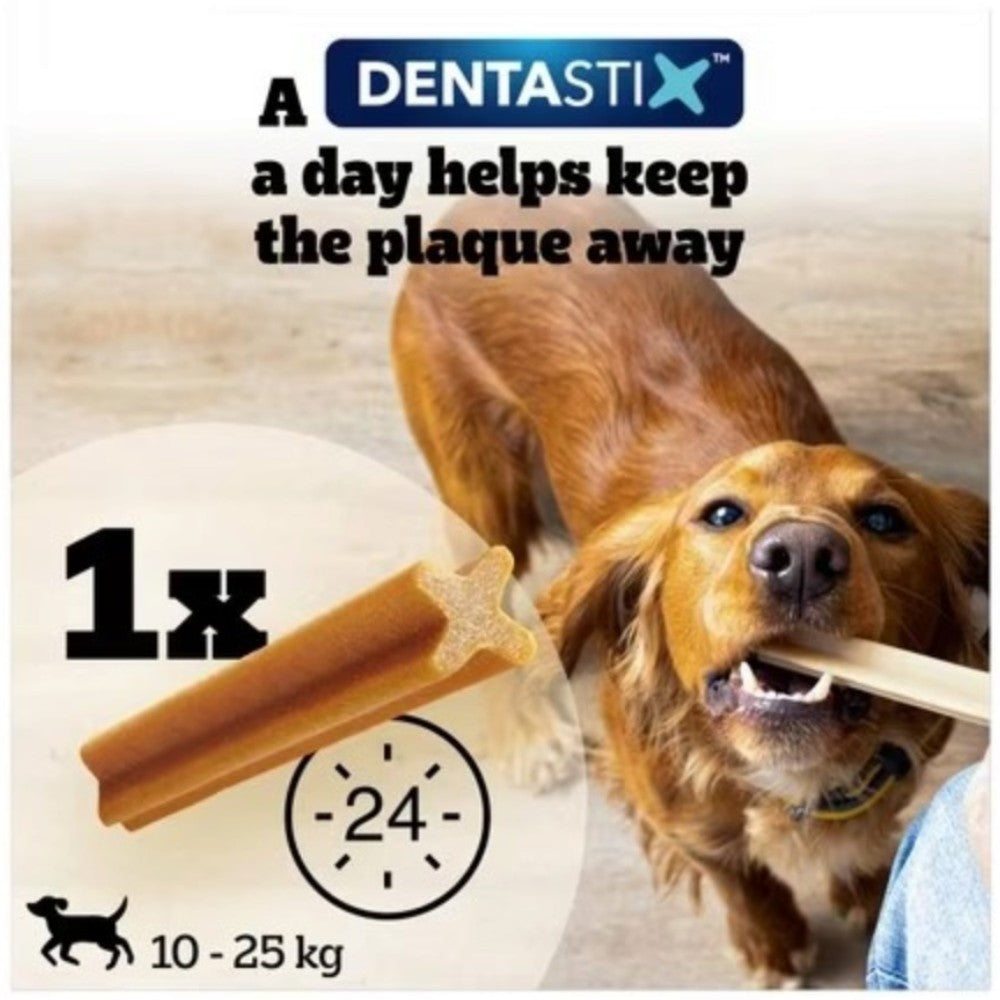 Pedigree Dentastix Medium Dogs 105 Sticks packaging showing product features and feeding information