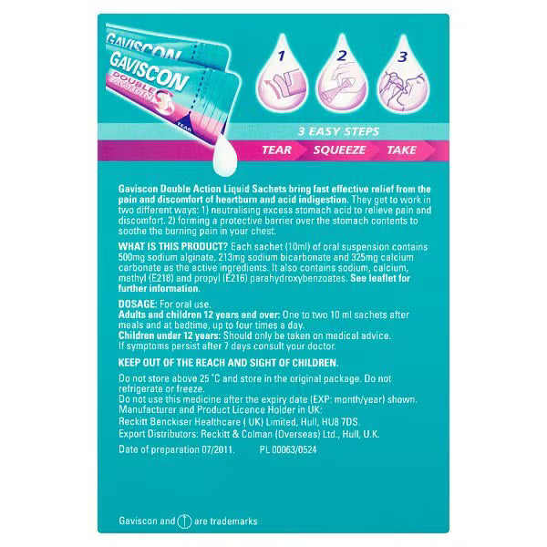 Gaviscon Double Action Mint Liquid Sachets box packaging mint flavour oral suspension 12 x 10ml back product image