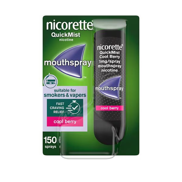 Nicorette QuickMist Cool Berry Mouth Spray bottle 1mg nicotine 150 sprays