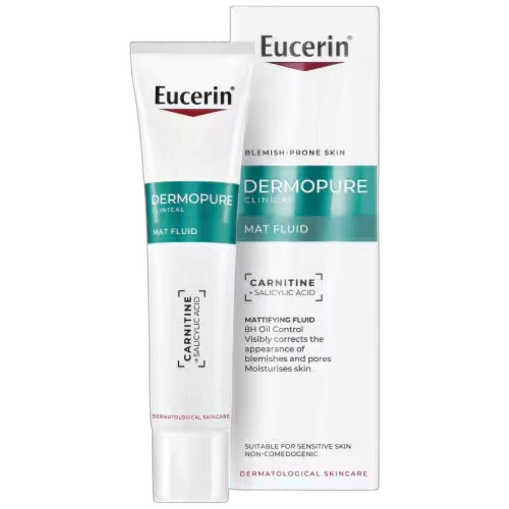 Eucerin DermoPure Clinical Mattifying Fluid carnitine salicylic acid facial fluid 40ml tube front packaging