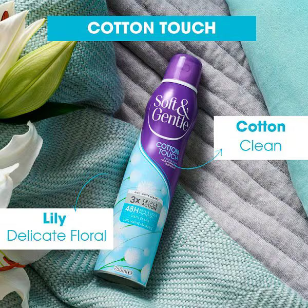 Soft & Gentle Cotton Touch Antiperspirant Deodorant Spray, aerosol can packaging, Cotton Touch fragrance, 250ml, ingredients information