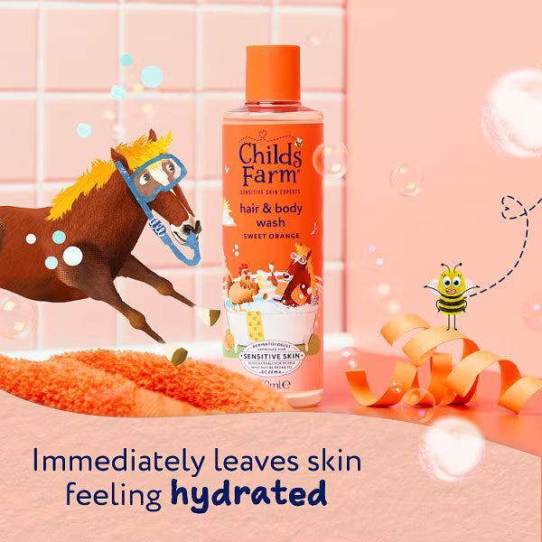 Childs Farm Hair & Body Wash, plastic bottle packaging, Sweet Orange fragrance, 250ml, children's hair and body washing use