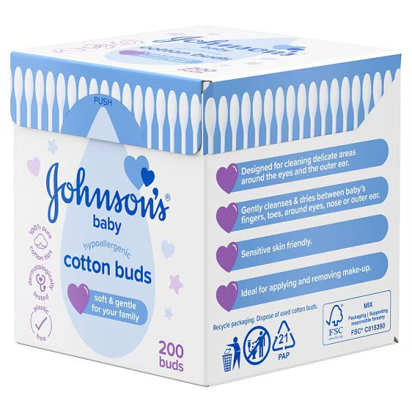 Johnson's Baby Cotton Buds 200 count pure cotton buds side view box packaging
