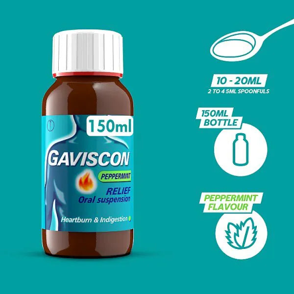 Gaviscon Peppermint Liquid Oral Suspension bottle packaging peppermint flavour oral suspension 150ml dosage instructions image