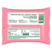 Simple Kind to Skin Brightening Cleansing Wipes, resealable pack packaging, fragrance-free, 20 wipes, ingredients information & barcode