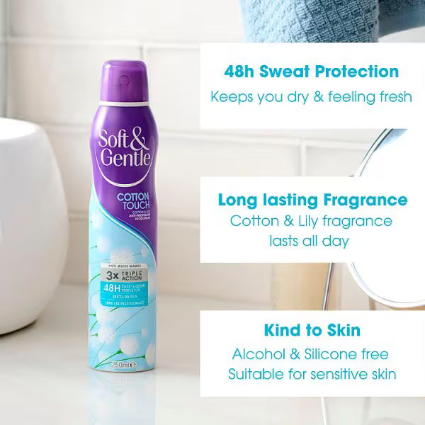 Soft & Gentle Cotton Touch Antiperspirant Deodorant Spray, aerosol can packaging, Cotton Touch fragrance, 250ml, directions for use