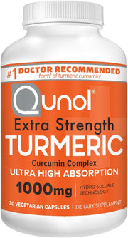 Front image: Qunol Turmeric Curcumin Complex capsules supplement bottle 1000mg 30 count