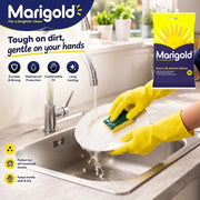 Marigold Extra-Life Kitchen Gloves Medium 6 Pack packaging showing product features