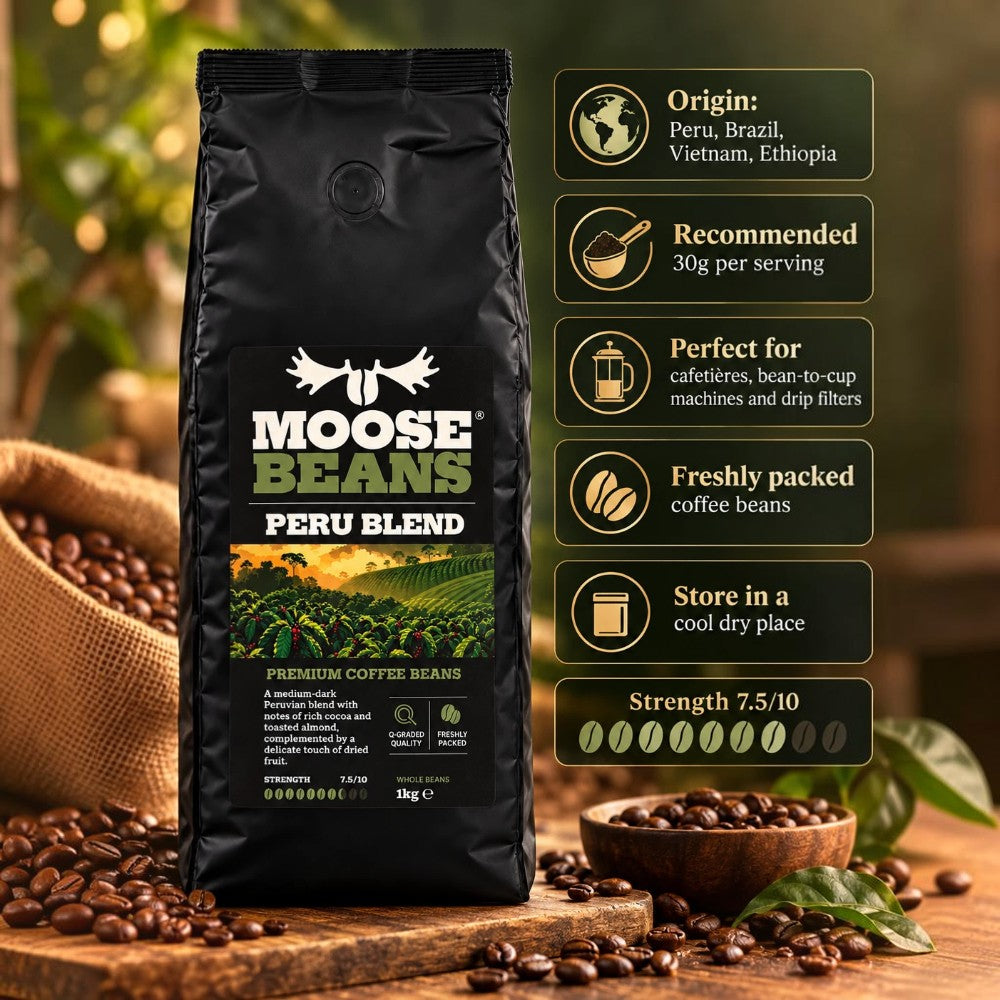 Moose Beans Peru Blend Whole Coffee Beans 1kg packaging showing coffee origin and product information