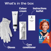 Schwarzkopf LIVE Ultra Brights 085 Vibrant Orange hair dye kit packaging inclusion