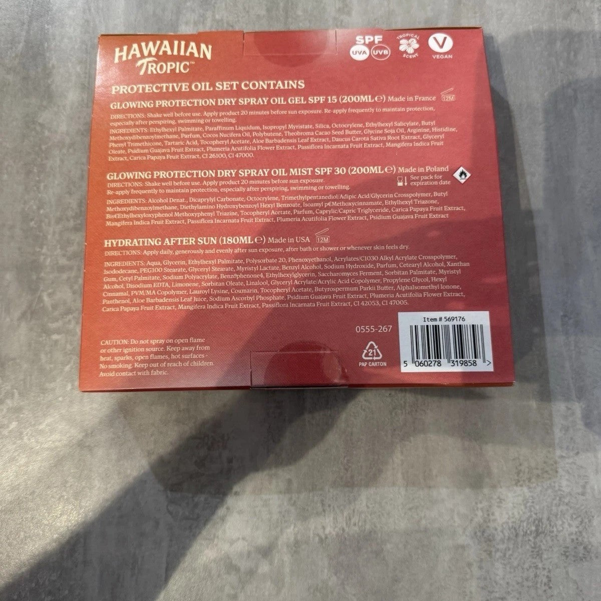 Supplement facts, ingredients & barcode image: Hawaiian Tropic sun care set ingredient label packaging