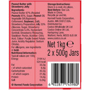 Supplement facts & ingredients image: Skippy strawberry stripe peanut butter ingredients & barcode label jar 500g