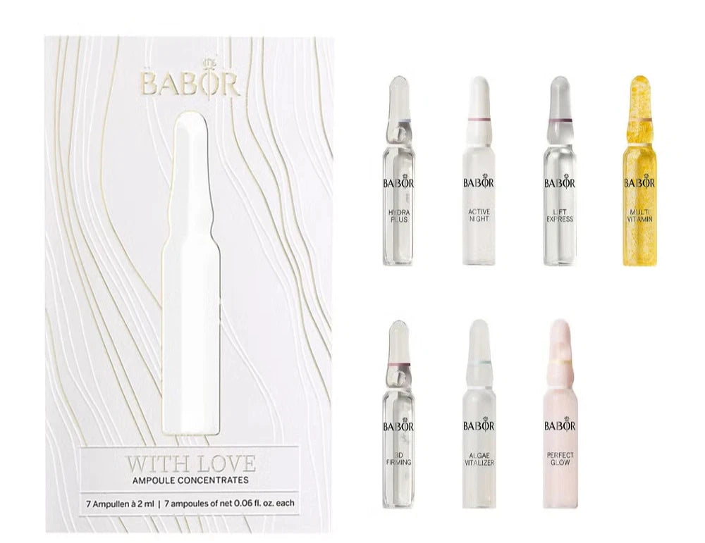 BABOR With Love Ampoule Concentrates, ampoule vial gift set packaging, assorted formulas, 7 x 2ml & box