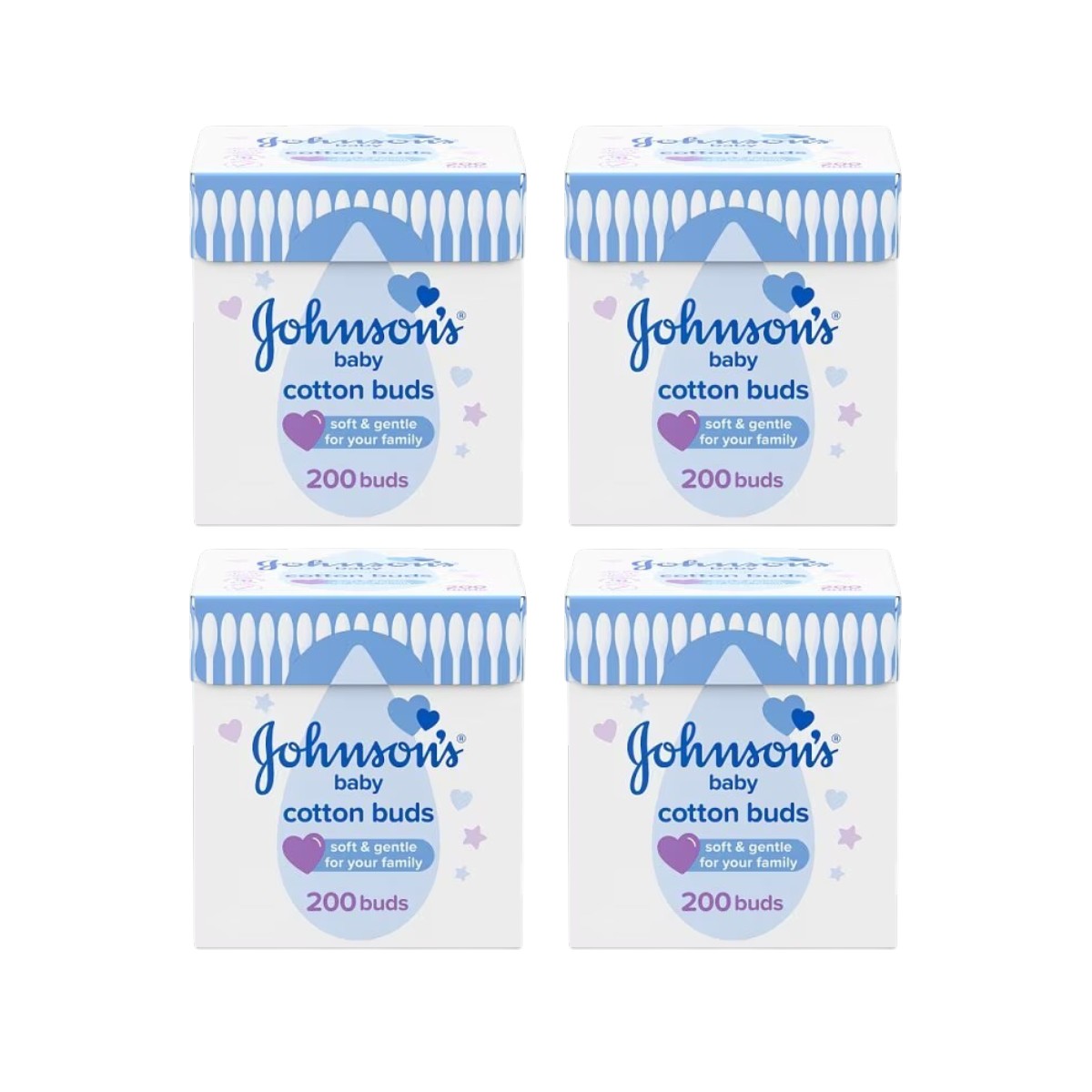 Johnson's Baby Cotton Buds pack of 4 x 200 count pure cotton buds packaging