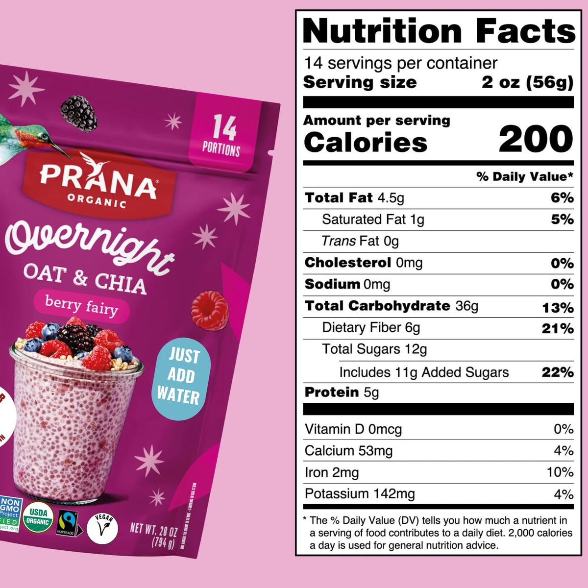 Prana Organic Overnight Chia Berry Fairies with Oats 800g bag nutrition information