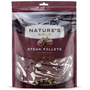 Front image: Nature's Gold Beef & Cod Steak Fillets dog treats resealable bag 1.2kg