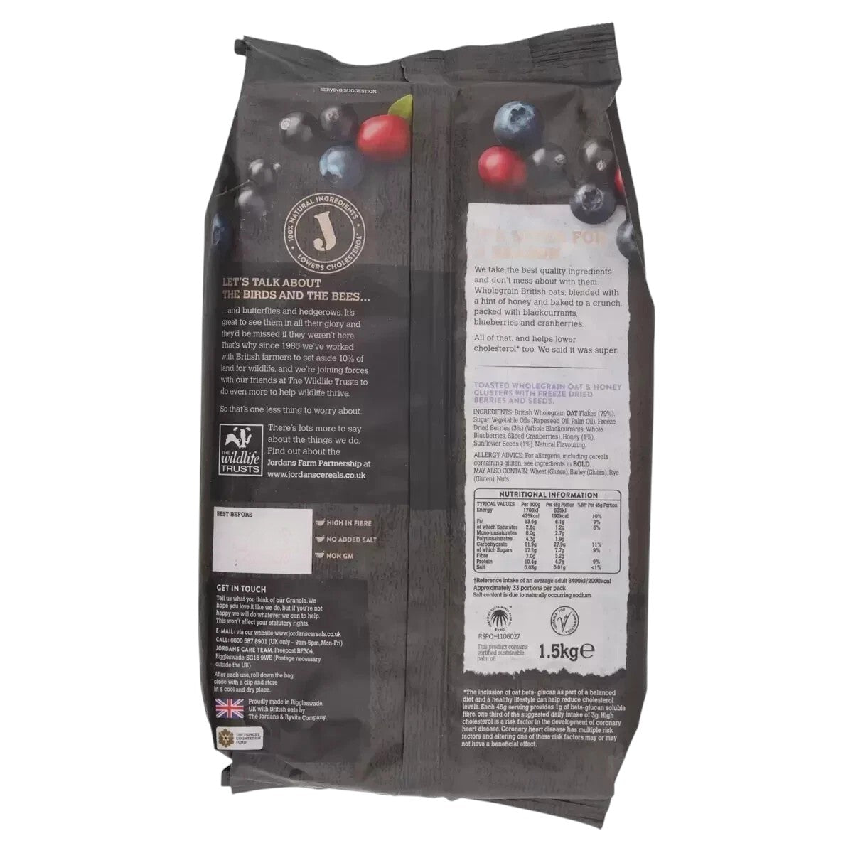 Jordan's Super Berry Granola High Fibre Breakfast Cereal 1.5kg pack ingredients and nutrition information