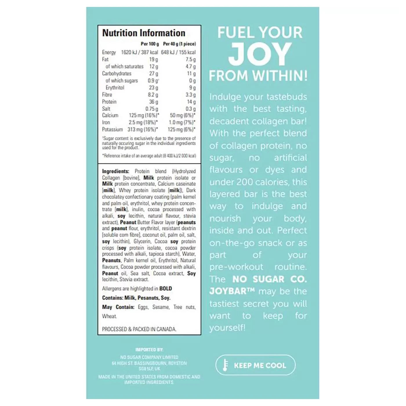 No Sugar Company JoyBar Chocolate Peanut Butter Collagen Bar nutrition and ingredient information 12x40g