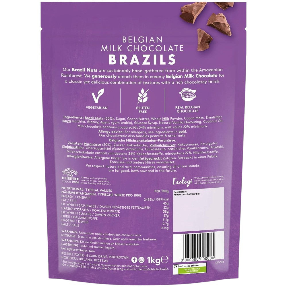 Forest Feast Belgian Milk Chocolate Brazil Nuts chocolate coated Brazil nuts 1kg pack ingredients and allergen information