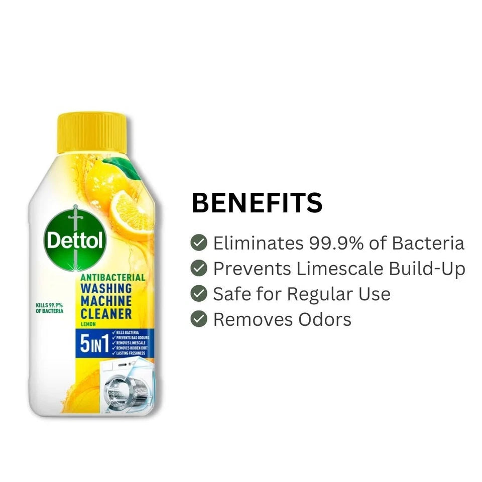 Dettol 5 In 1 Antibacterial Washing Machine Cleaner Lemon 250ml benefits