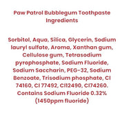 Supplement facts & ingredients image: Nickelodeon Paw Patrol toothpaste ingredients label fluoride bubblegum 75ml