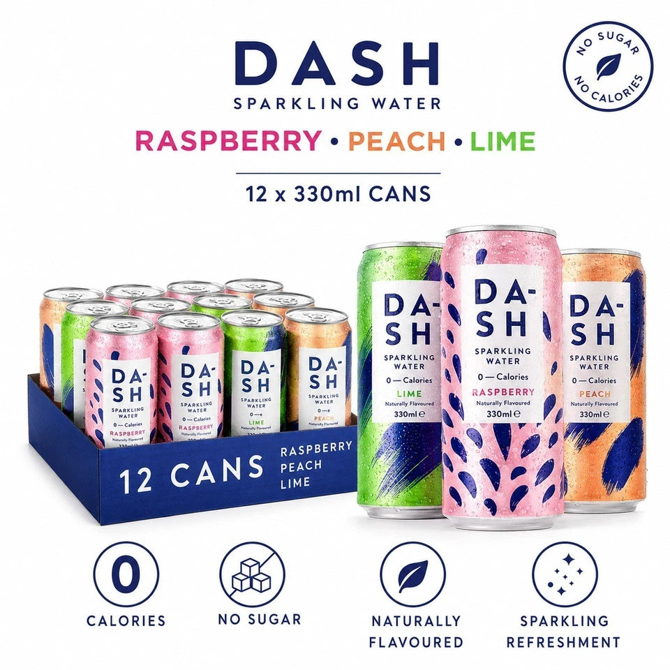 DASH Sparkling Water Mixed Pack, assorted can packaging, Cherry Lime Peach Raspberry flavours, 12 x 330ml, ingredients information
