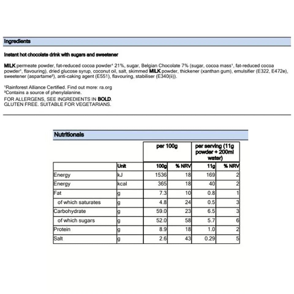 Supplement Facts & Ingredients Image: Options Belgian hot chocolate drink powder ingredients label 1kg pack
