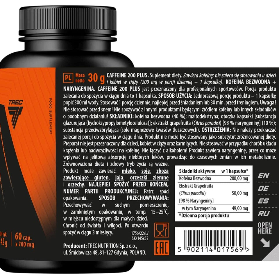 Trec Nutrition Caffeine 200 Plus 60 capsules supplement facts label & barcode