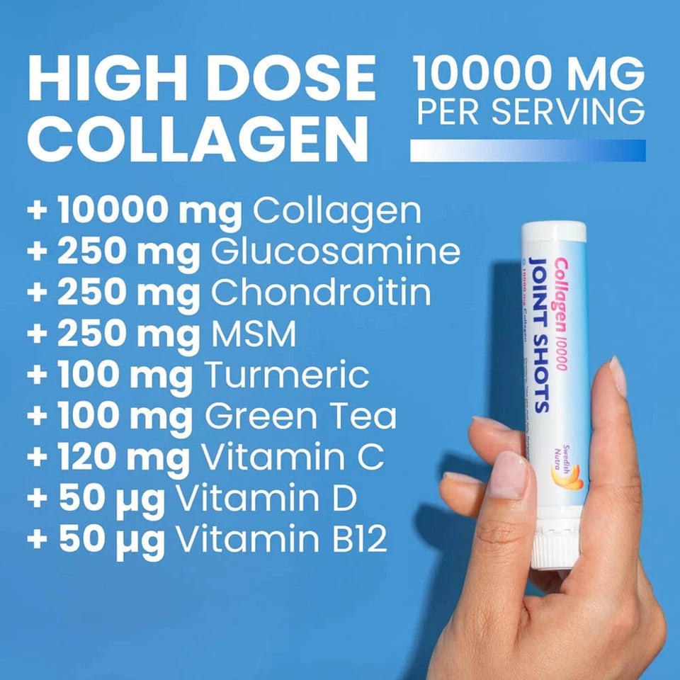 Supplement facts & ingredients image: Swedish Nutra collagen joint shots supplement facts ingredients 30 x 25ml