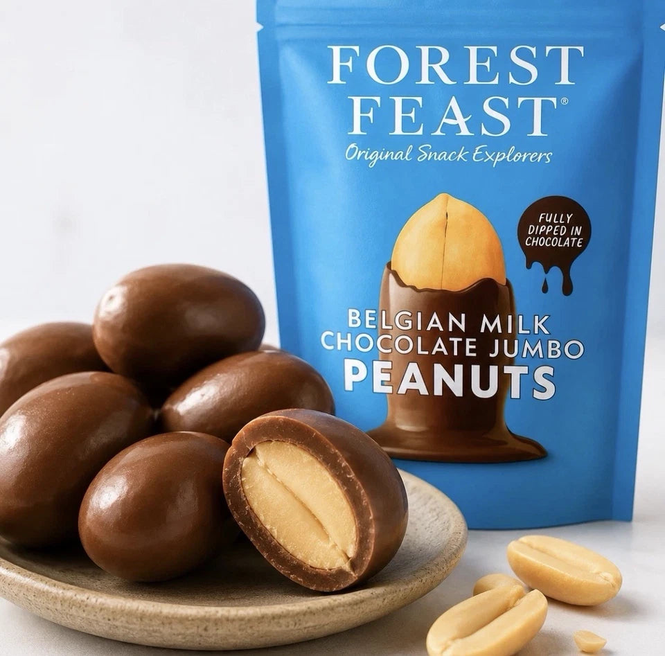 Forest Feast Belgian Milk Chocolate Jumbo Peanuts milk chocolate coated peanuts 1kg pack lifestyle serving image