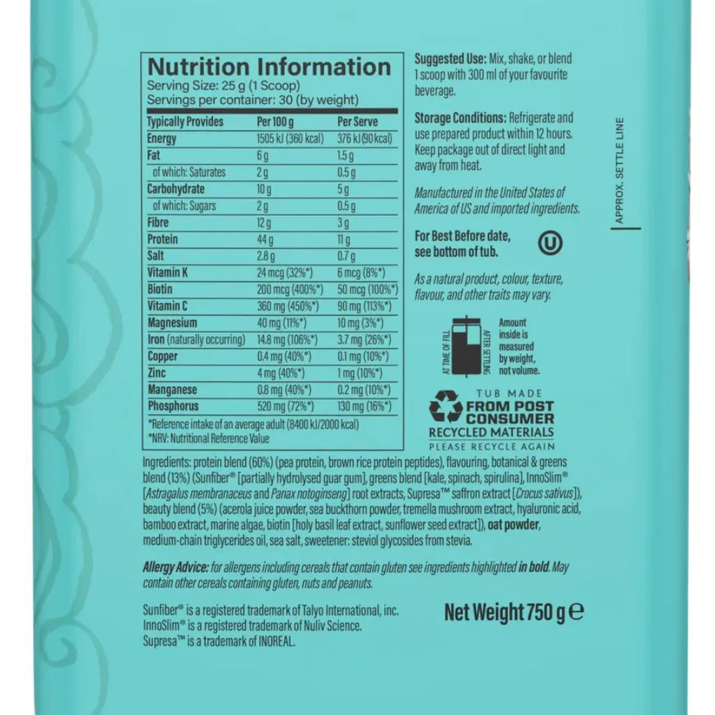 Supplement facts and ingredients list for Sunwarrior Shape Vanilla