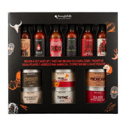 Thoughtfully BBQ Rub & Hot Sauce Gift Set, assorted sauce bottles and seasoning packaging, assorted flavours, 12 pieces, 606g