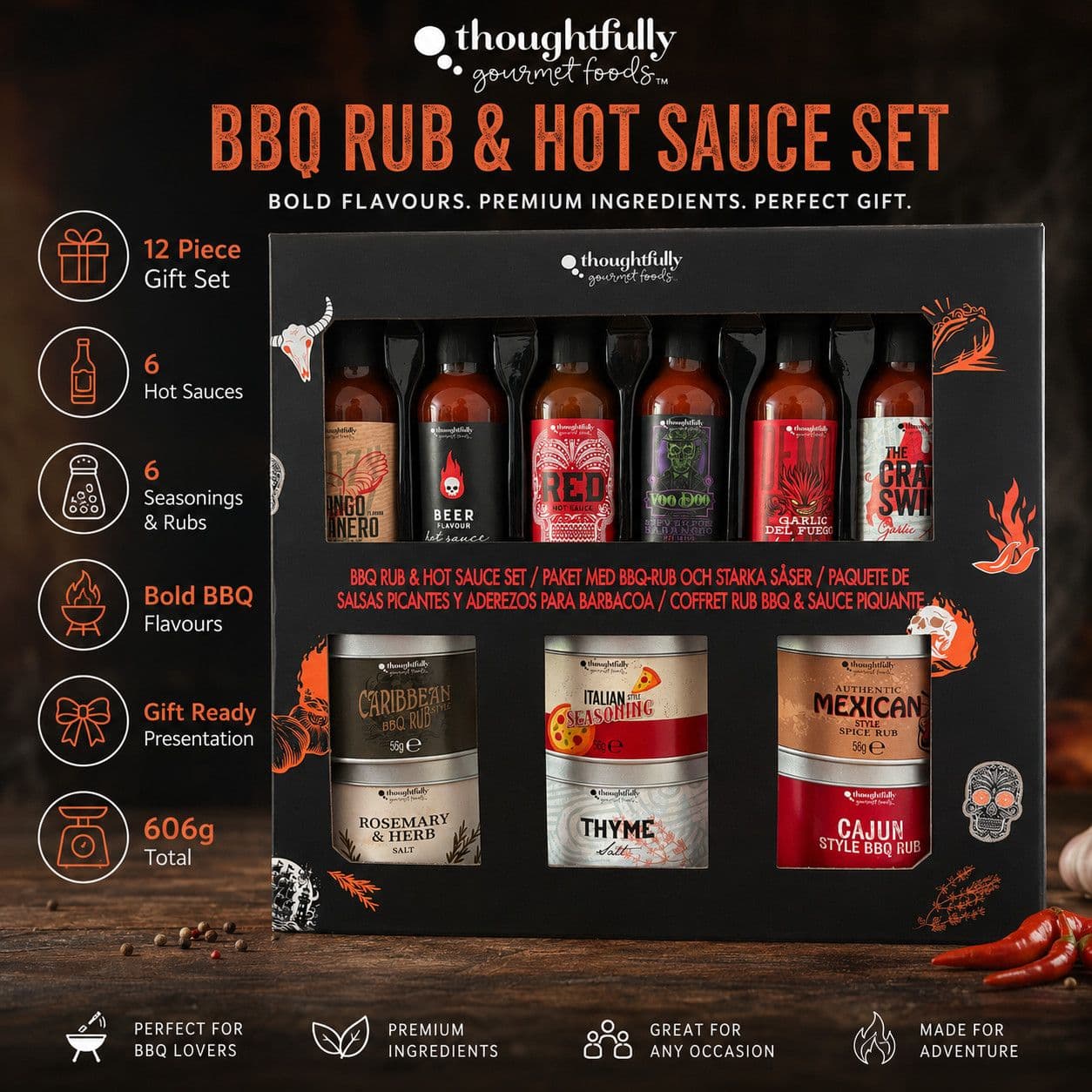 Thoughtfully BBQ Rub & Hot Sauce Gift Set, assorted sauce bottles and seasoning packaging, assorted flavours, 12 pieces, 606g, ingredients information