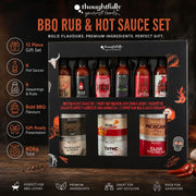 Thoughtfully BBQ Rub & Hot Sauce Gift Set, assorted sauce bottles and seasoning packaging, assorted flavours, 12 pieces, 606g, ingredients information